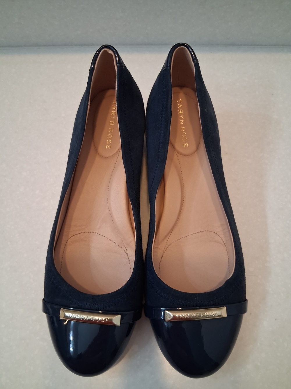 Taryn Rose Navy Suede and Patent Toe Ballet Flats with Gold Logo Bar